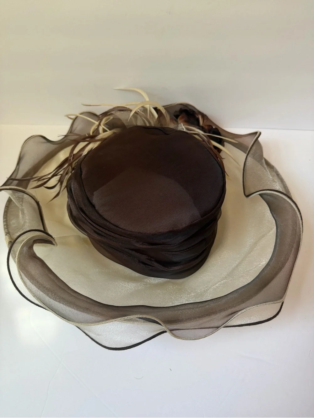 Whittall & Shon Brown Beige Organza Derby Church Hat Floral Feather EUC